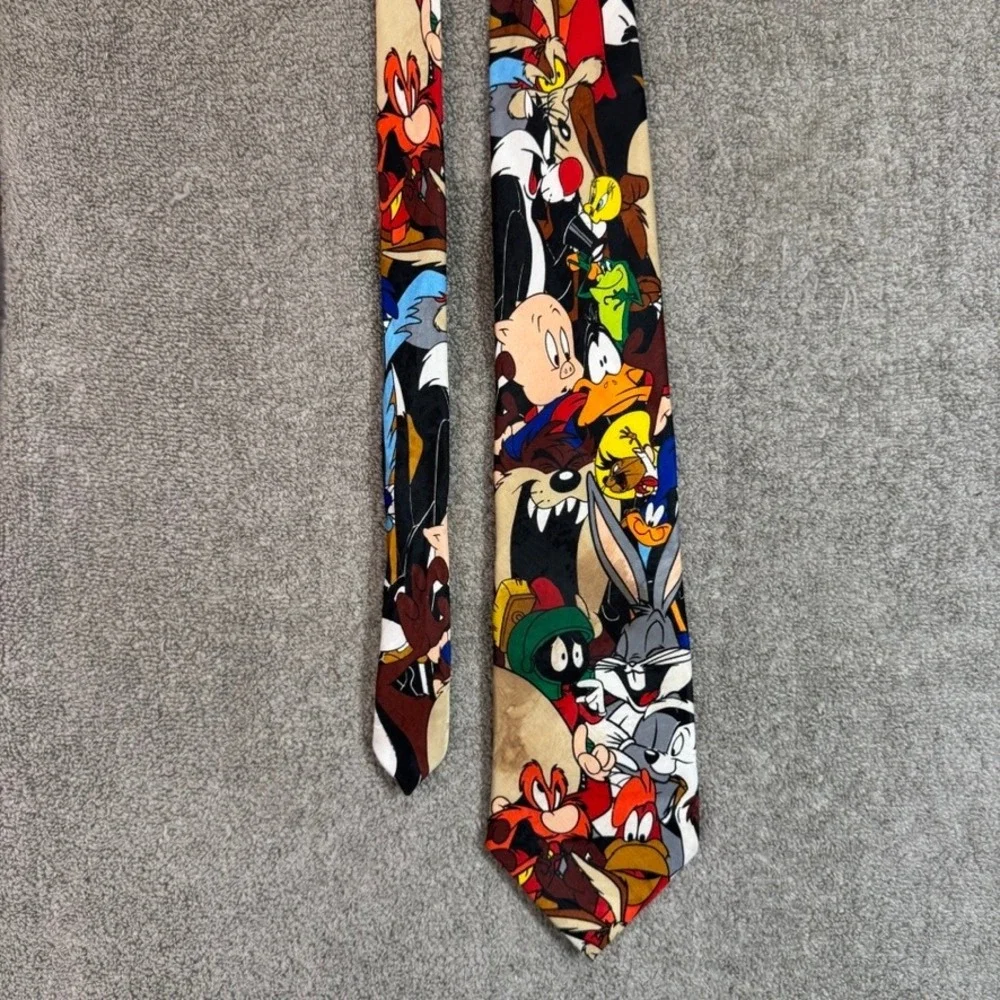 Vintage 1997 Looney Tunes Character Print Tie Bugs Bunny Daffy Duck 90s Retro